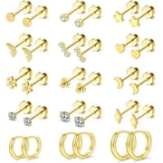 BRIANA WILLIAMS Small Hypoallergenic Flat Back Stud Earrings for Women Men 14K Gold Plated Surgical Stainless Steel Earrings Tiny Stud Earrings Screw Back Cartilage Earring Set for Multiple Piercing