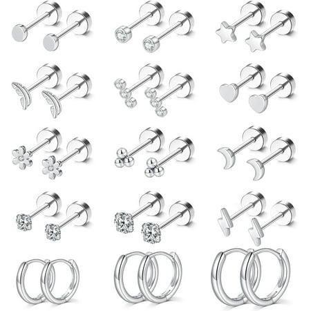 Small Hypoallergenic Flat Back Stud Earrings for Women Men 14K Gold Plated Surgical Stainless Steel Earring Sets Tiny Screw Back Cartilage Earring