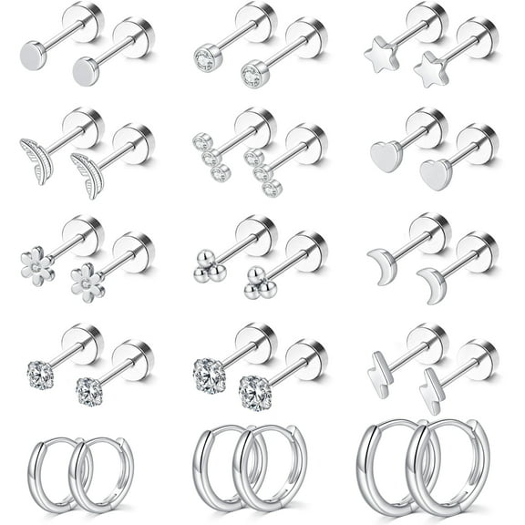 Small Hypoallergenic Flat Back Stud Earrings for Women Men 14K Gold Plated Surgical Stainless Steel Earring Sets Tiny Screw Back Cartilage Earring