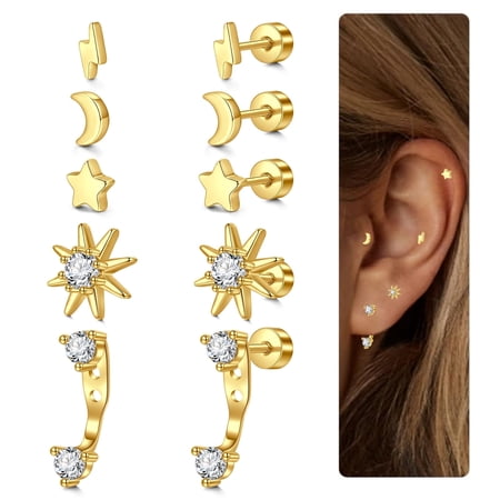 Small Hypoallergenic Flat Back Stud Earrings for Women Men Surgical Stainless Steel Earring Sets Tiny Screw Back Cartilage Earring
