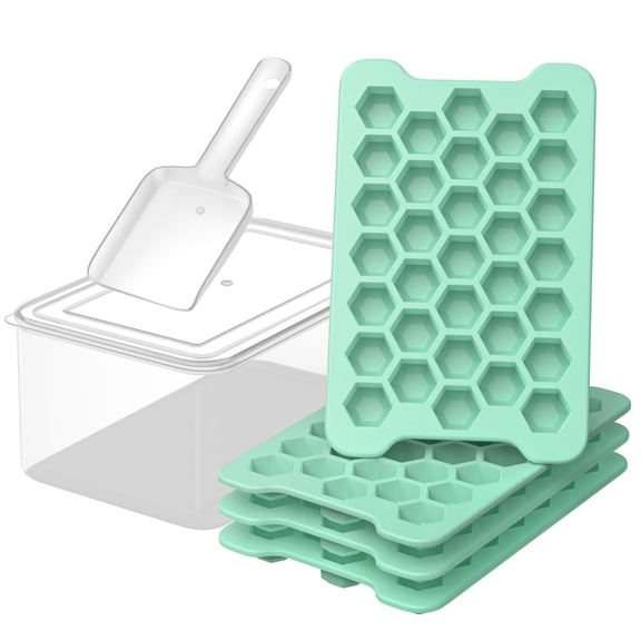 Honeycomb Ice Cube Trays for Freezer, Small Stackable Plastic Ice Makers with Bin, Makes 132 Hexagon Cubes, Perfect for Cocktails and Whiskey, Green