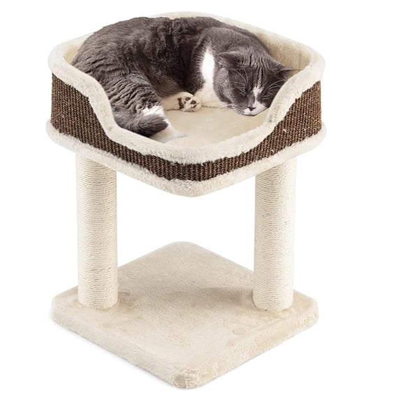 Small for Indoor Cats, Modern Carpeted Cat Tower with Soft Plush Perch, Cat Bed with Sisal Scratching Posts, Cute Kitten Activity Tree for Play Rest (Beige)