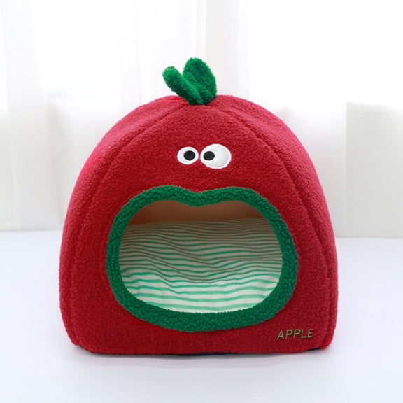 Small Indoor Pet Bed S, Foldable Enclosed Cat Dog House with Removable Cushion, Non-Slip Bottom Warm Kennel for Small Pets, Red Soft Plush Bed