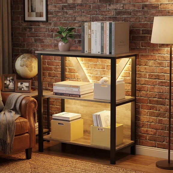 Small Industrial Bookshelf with Adjustable LED Lights, Low Metal Frame, Open Display Shelves, Modern Compact Storage for Home Office, Living Room & Bedroom
