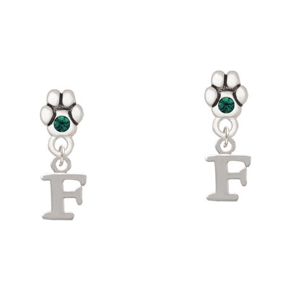 Small Initial - F - Green Crystal Paw Earrings