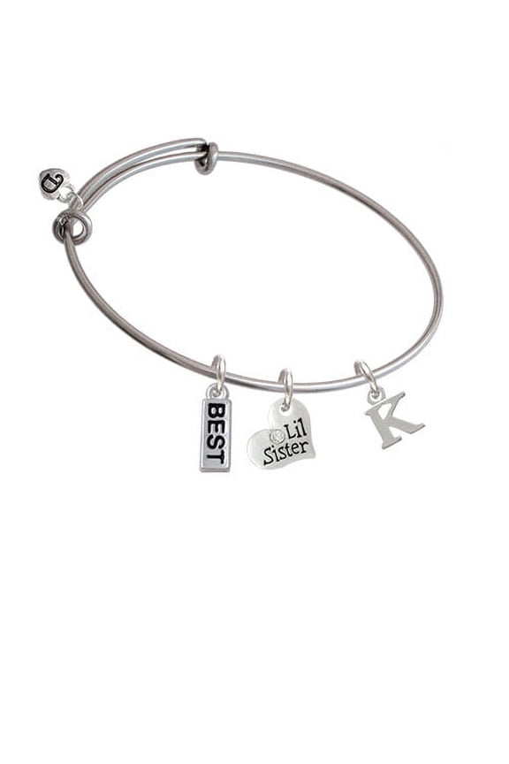 Small Initial - K - Lil Sister Heart Expandable Bangle Bracelet