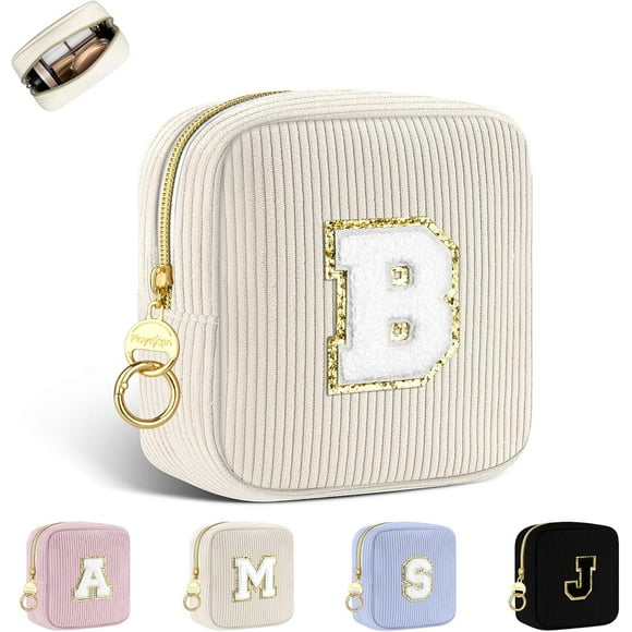 Small Initial Makeup Bag, Beige Corduroy Personalized Cosmetics Bag with Ring Buckle, Monogram Cute Travel Toiletry Pouch Purse, Birthday/Wedding/Party Gifts (Letter B)