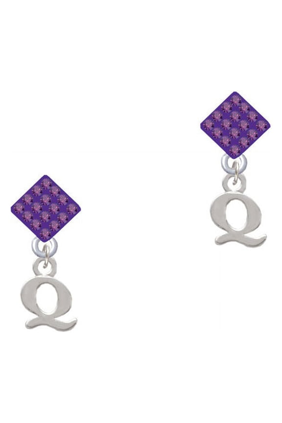 Small Initial - Q - Purple Crystal Diamond-Shape Earrings