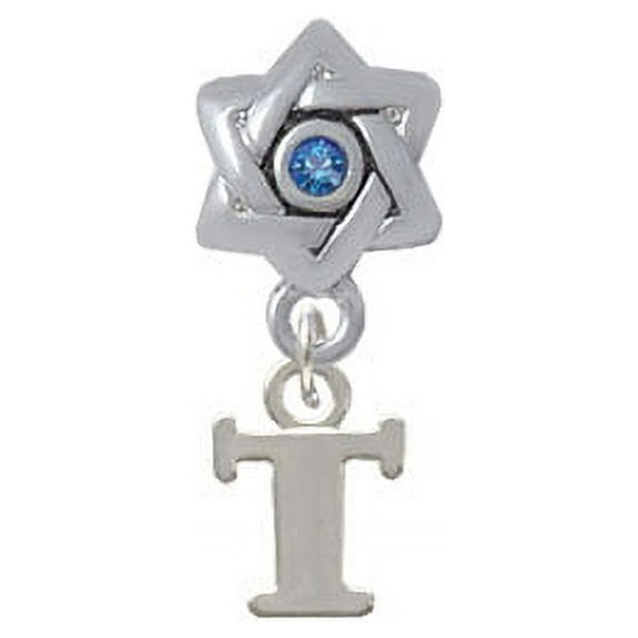 Small Initial - T - Star of David with Blue Crystal Charm Bead