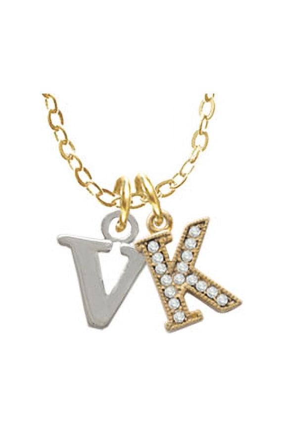 Small Initial - V - K - Gold Tone Crystal Initial Sophia Necklace, 18"+1"