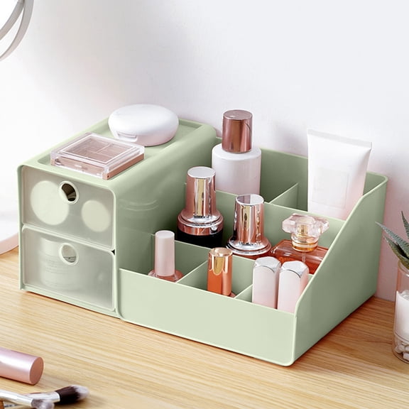 Small Item Cosmetic Drawer Organizer, 2-Compartment Plastic Storage Box for Lipsticks Makeup Pads and Jewelry, Compact Desktop Vanity Tidy for Dresser and Office