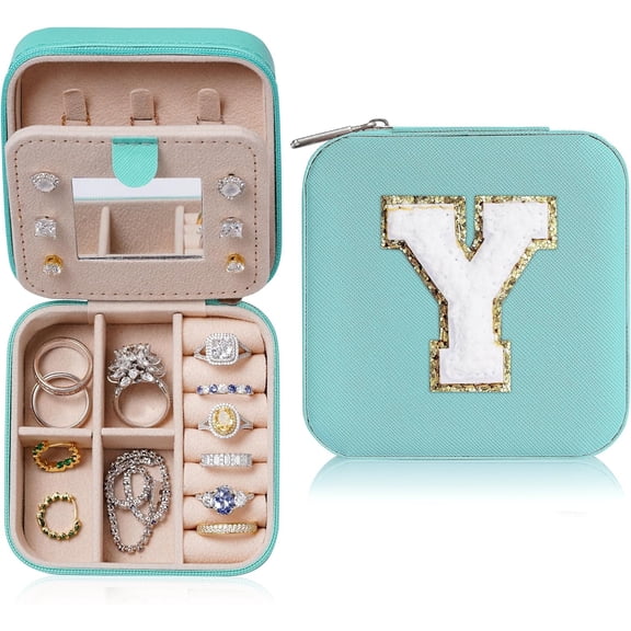 Small Jewelry Box For Girls, Travel Initial Jewelry Box For Girls | Small Jewelry Organizer Box | Travel Jewelry Case Jewelry Box Organizer | Mini Travel Jewelry Box - Letter Y, Aqua Blue[Z1]