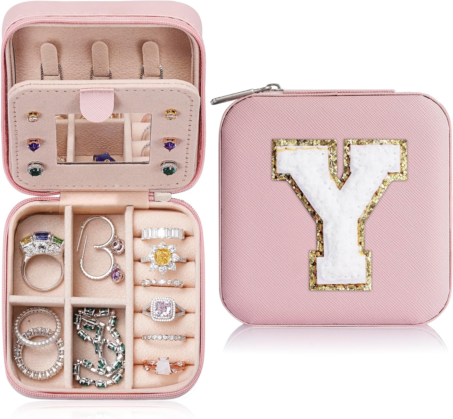 Small Jewelry Box For Girls, Travel Initial Jewelry Box For Girls | Small Jewelry Organizer Box | Travel Jewelry Case Jewelry Box Organizer | Mini Travel Jewelry Box - Letter Y, Pink[Z1]
