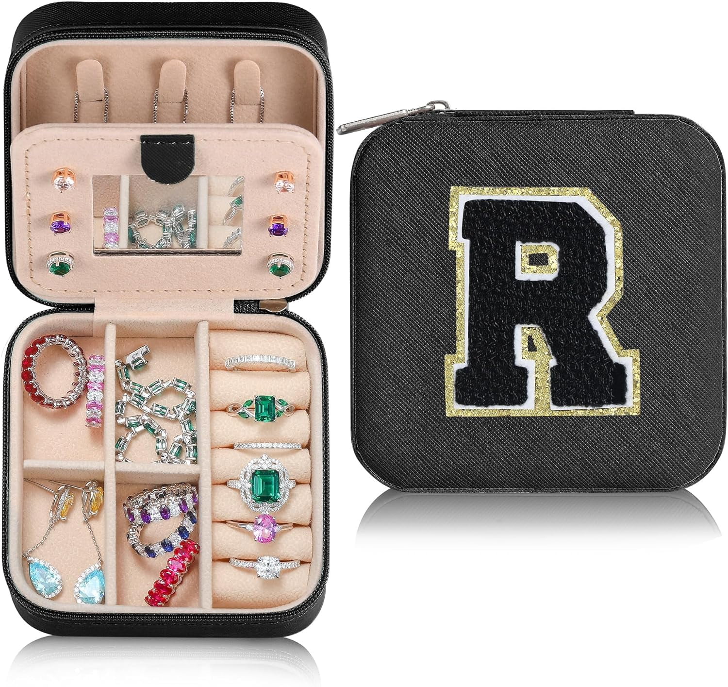 Small Jewelry Box For Girls, Travel Initial Jewelry Box For Girls | Small Jewelry Organizer Box | Travel Jewelry Case Jewelry Box Organizer | Mini Travel Jewelry Box - Letter R, Black[Z1]