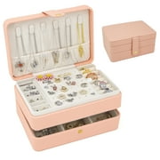 Small Jewelry Box, Travel Jewelry Organizer, Portable Jewelry boxes for Women Girls Gift, Double Layers Jewellery Holder for Rings, Earrings, Necklaces-Pink