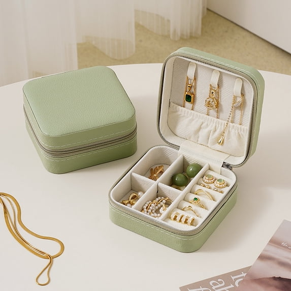 Small Jewelry Travel Case, Mini Jewelry Travel Case, Jewelry Box for Women, Earring Organizer Box, Green Pu Leather 4X4X2 Inch Zippered Divided Holder for Earrings, Necklaces,