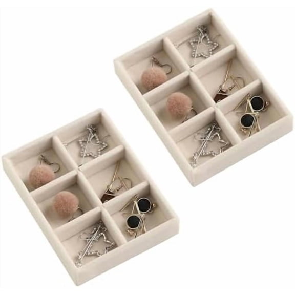 Small Jewelry Tray Set,Stackable Velvet Jewelry Organizer Tray,Mini Jewelry Drawer Organizer,Drawer Inserts,4.92 x 3.74 x 0.9 Inches,6 Grid Earring Organizer for Women(Set 2,Beige)