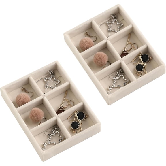 FacoFaco Stackable Rectangular Jewelry Organizer, 2 Small 6 Grid Trays, Velvet, Beige