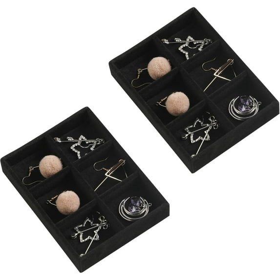 Small Jewelry Tray Set,Stackable Velvet Jewelry Organizer Tray,Mini Jewelry Drawer Organizer,Drawer Inserts,4.92 x 3.74 x 0.9 Inches,6 Grid Earring Organizer for Women(Set 2,Black)