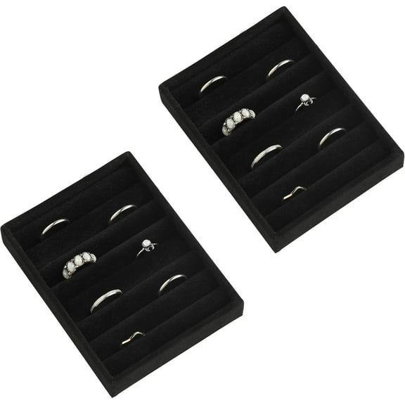 Small Jewelry Tray Set,Velvet Ring Organizer,Stackable Jewelry Organizer Tray,Mini Jewelry Drawer Organizer,4.92 x 3.74 x 0.9 Inches,7 Slots Ring Tray for Women (Set 2,Black)