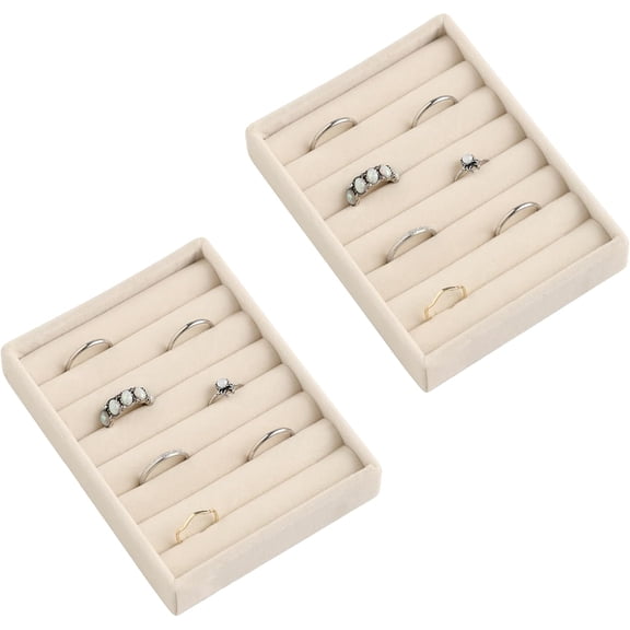 Small Jewelry Tray Set,Velvet Ring Organizer,Stackable Jewelry Organizer Tray,Mini Jewelry Drawer Organizer,4.92 x 3.74 x 0.9 Inches,7 Slots Ring Tray for Women(Set 2,Beige)
