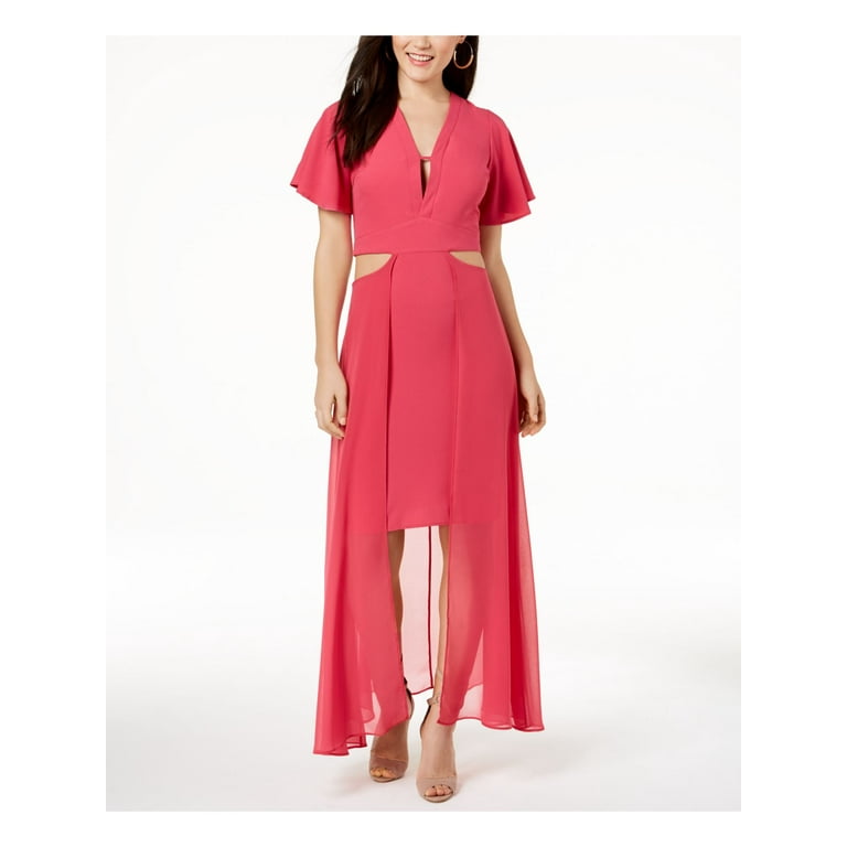 Small Junior Cutout V Neck Sheer Overlay Maxi Dress S