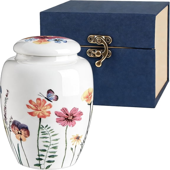 Small Keepsake Sharing Urn  Ceramic Cremation Urn for Human or Pet Ashes  Hand-Drawn Flowers Small Memorial Token Urn with Precious Gift Box Perfect Tribute & Gift for Families
