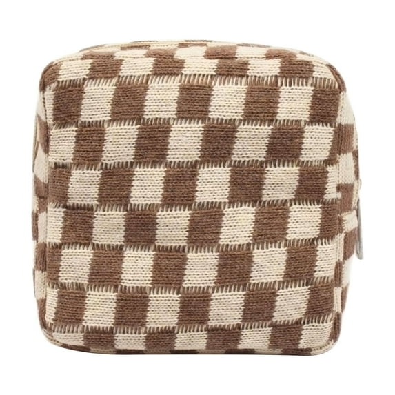 Small Khaki Makeup Bag for Purse, Mini Checkered Cosmetic Bag Zipper Cute Make Up Pouch Travel Toiletry Bag Quilted Aesthetic Accessories Makeup Storage Bag Organizer for Women Girls