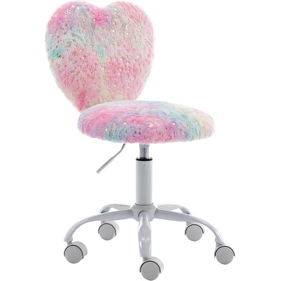 Small Kids Chair, Cute Heart Girls Desk Chair, Rolling Study Chairs Furry Pink Computer Chairs, Faux Fur Swivel Vanity Chairs for Children Bedroom/Study, Colorful