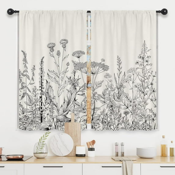 Small Kitchen Curtains Cafe Curtains Floral Leave Plant Botanical Wildflower Rod Pocket Farmhouse Pattern Herb Living Room Bedroom Window Drape Treatment Fabric 2 Panels 27.5 x 39 Inch