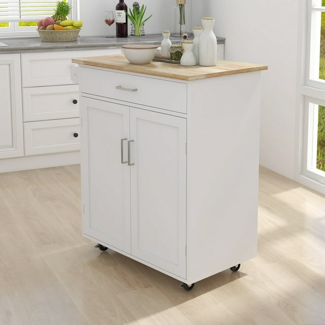 Small Kitchen Island on Wheel with Storage, Rolling Kitchen Island Cart with Drawer, Storage Cabinet and Rubber Wood Countertop, Rolling Trolley Cart with Towel Rack for Kitchen (White)