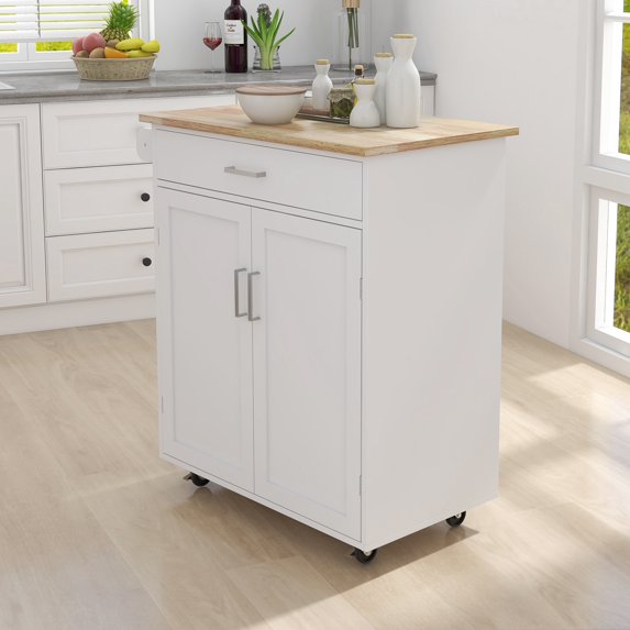Small Kitchen Island on Wheel with Storage, Rolling Kitchen Island Cart with Drawer, Storage Cabinet and Rubber Wood Countertop, Rolling Trolley Cart with Towel Rack for Kitchen (White)