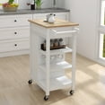 thumbnail image 1 of Small Kitchen Island on Wheel with Storage and Rubberwood Countertop, Rolling Kitchen Island Cart with Drawer, Storage Cabinet and 3 Open Shelves, Rolling Trolley Cart with Towel Rack for Kitchen, 1 of 9