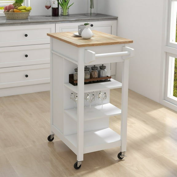 Small Kitchen Island on Wheel with Storage and Rubberwood Countertop, Rolling Kitchen Island Cart with Drawer, Storage Cabinet and 3 Open Shelves, Rolling Trolley Cart with Towel Rack for Kitchen