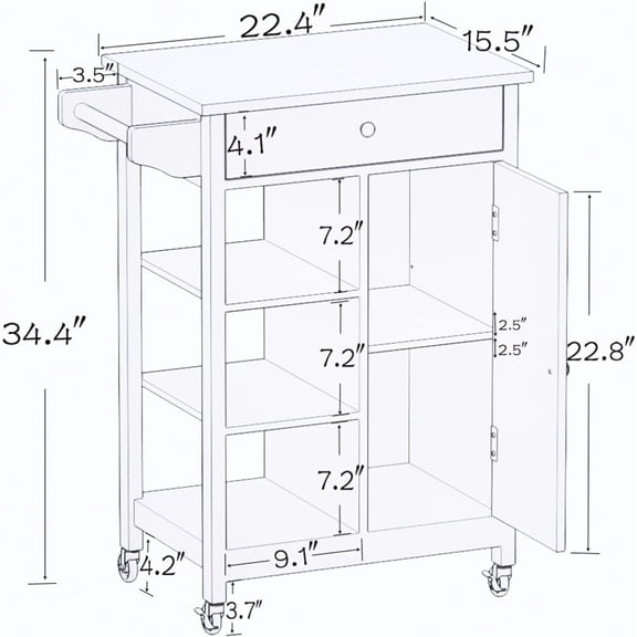 Small Kitchen Island on Wheel with Storage and Rubberwood Countertop, Rolling Kitchen Island Cart with Drawer, Storage Cabinet and 3 Open Shelves, Rolling Trolley Cart with Towel Rack for Kitchen