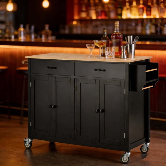 Small Kitchen Island on Wheels, Compact Mobile Prep Station with Drawers & Cabinet Storage for Urban Homes