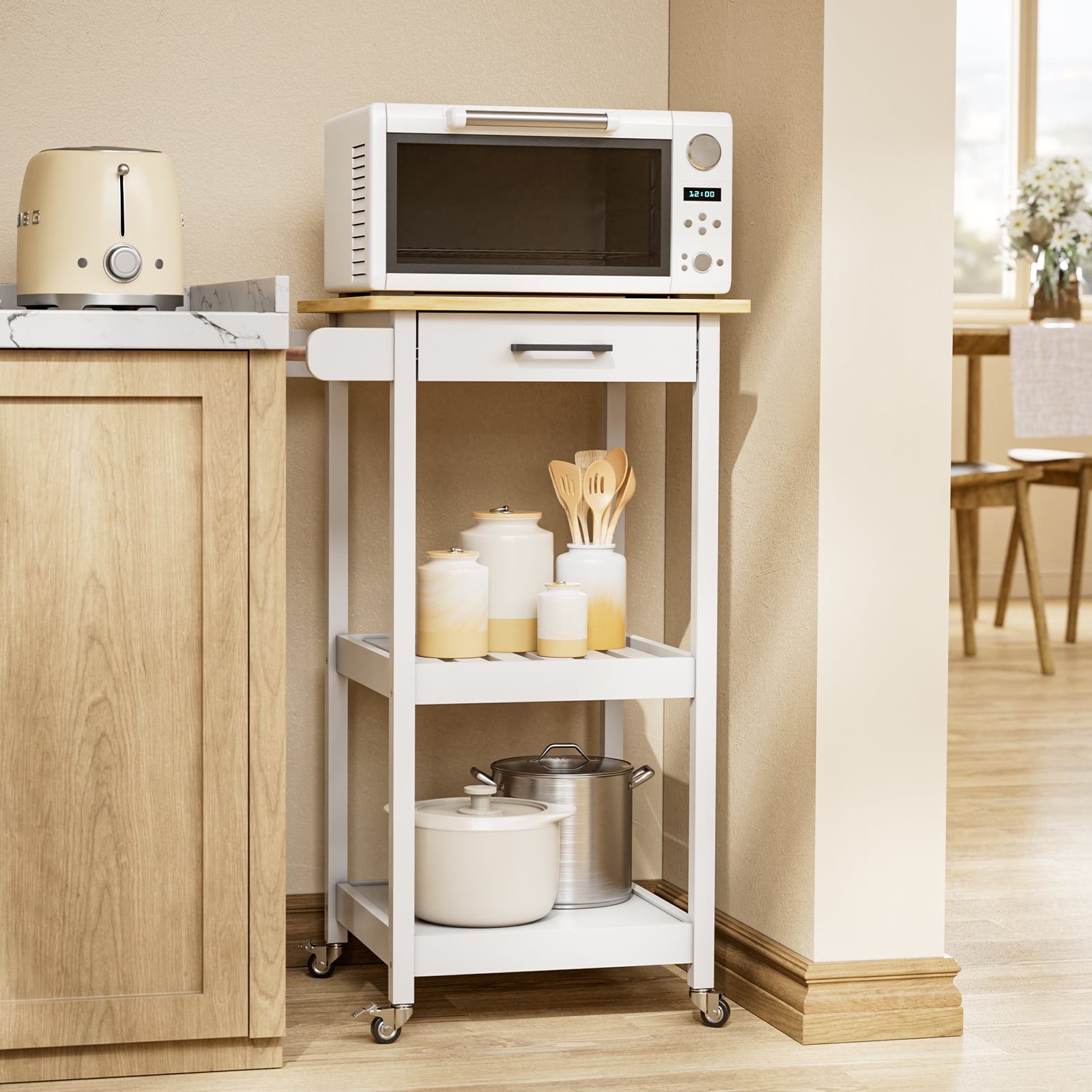 Small Kitchen Island with Storage Lofka Kitchen Cart Microwave Cart with 2 Open Shelf 3 Side Hooks White