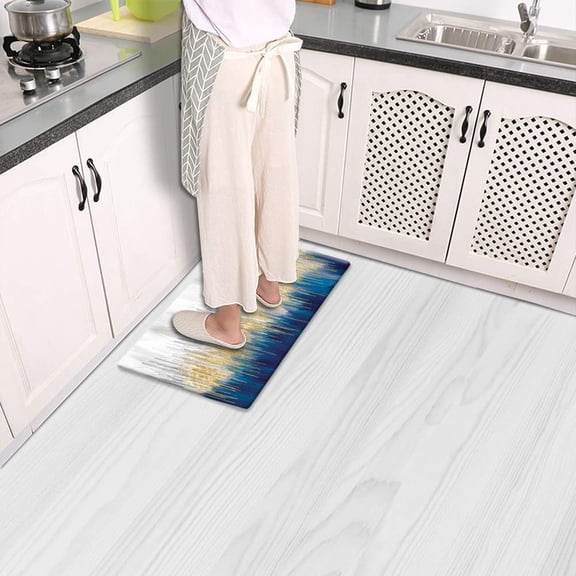 Small Kitchen Mat for Floor PVC Leather Waterproof Kitchen Sink Floor Mat Anti Fatigue Rug Comfort Standing Desk Mat Laundry Kitchen Accessories 17"x29" Abstract Blue Grey Gold Painting