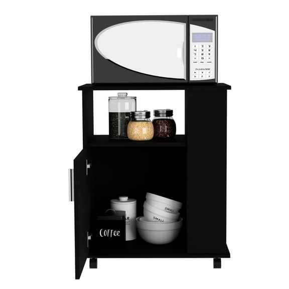 Small Kitchen Microwave Stand | Sturdy Surface and Lockable Casters | Black Particle Board with Melamine | Display Decor in Kitchen