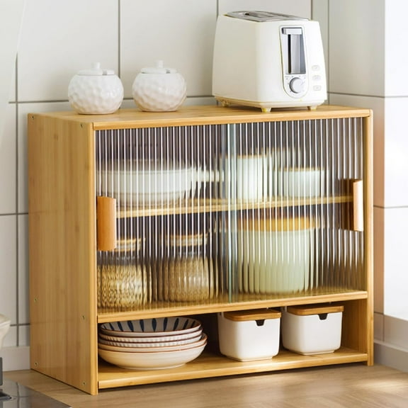 Small Kitchen Pantry Countertop Cabinet, Bamboo Small Pantry Sideboard with Glass Doors Table Counter Food Pantry Adjustable Shelves for Spice Seasoning Bottles, Dish, Bowl
