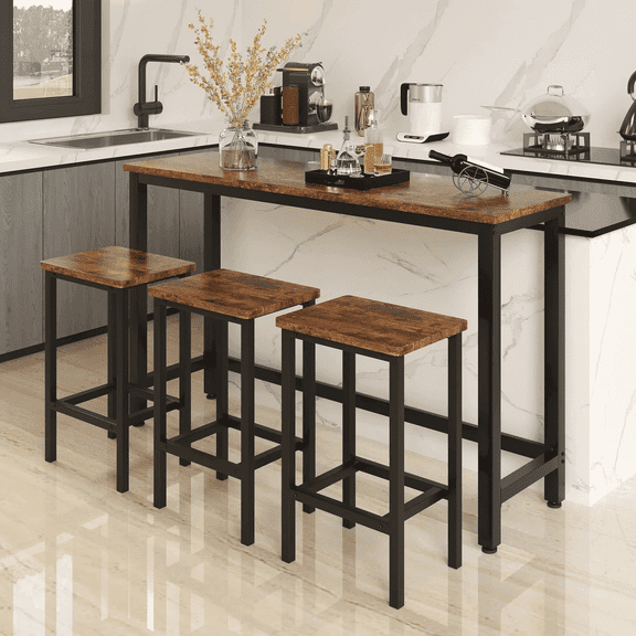 Enyopro Bar Table and Stools, Modern Dining Table Set with 3 Stools, Woode Extra Long Pub Table and Chairs, Saving Space for Kitchen, Patio Restnaurant Bistro, Brown