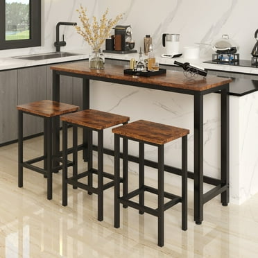 Small Kitchen Table Set for 3, Modern Dining Room Table Set with 3 Stools, Extra Long Bar Table Set, Wooden Pub Table, and Chairs Set, Saving Space Patio Restaurant Bistro Table Set, Brown, JA2863