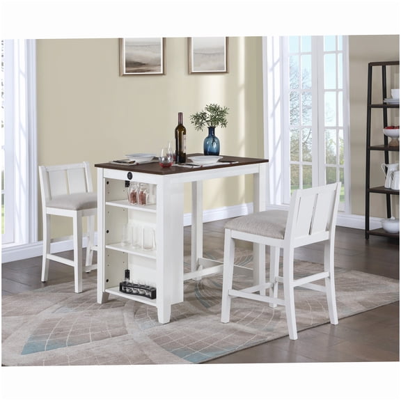 Small Kitchen Table Set with Charging Station, 36 Inch White Counter Table and 2 Stools with Footrest