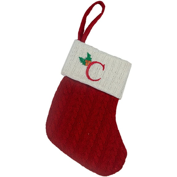 Small Knitted Christmas Stocking with Embroidered Letters, Festive Striped Ornament for Tree Decoration, Decor Accent