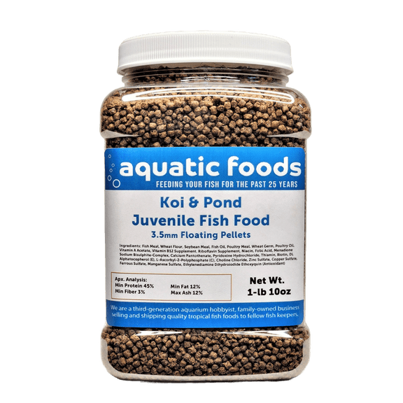 Small Koi and Pond Juvenile Fish Pellet Food, 45% Protein 3.5mm Floating Pond Pellets1-lb 10oz Med Jar