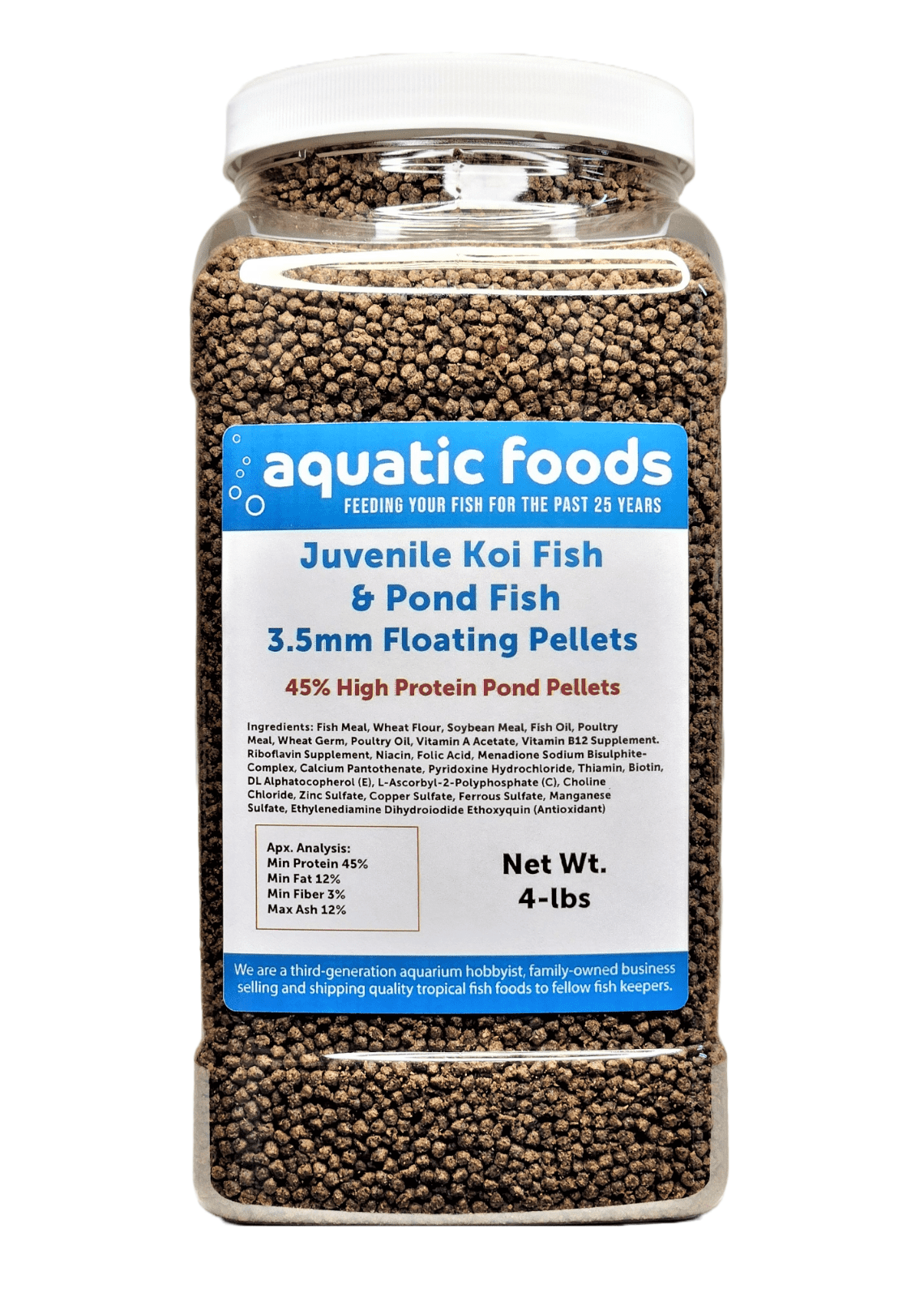 Small Koi and Pond Juvenile Fish Pellet Food, 45% Protein 3.5mm Floating Pond Pellets…4-lb Lg Jar
