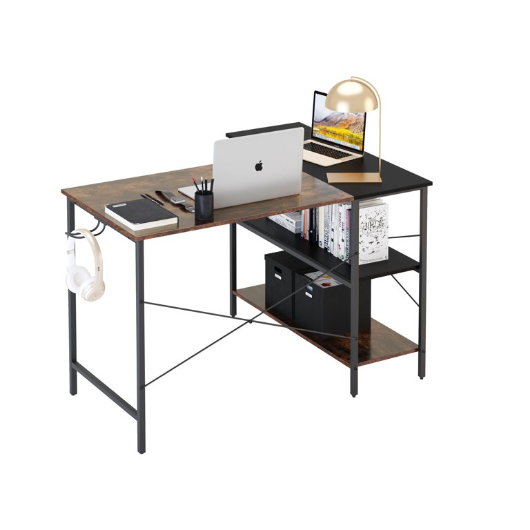 47 in. Small L-Shaped Computer Desk with Storage Shelves Black