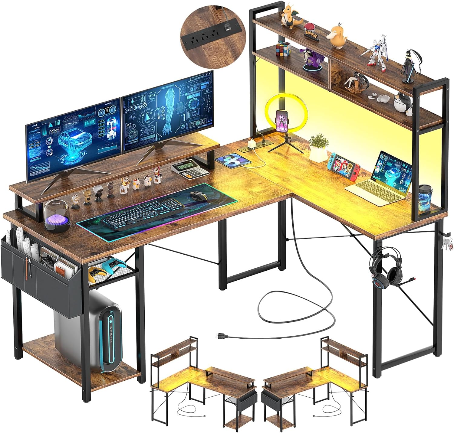 Stora Computer Small L Shaped Gaming Desk with LED Lights & Power Outlets, Reversible ...