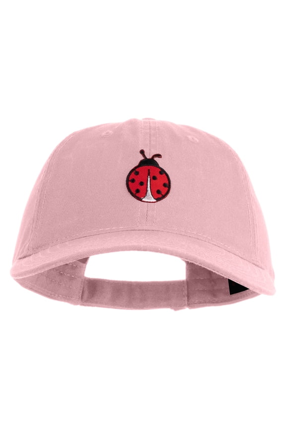 Small Ladybug Insect Embroidered Iron on Patched 6 Panel Washed Low Profile Dad Hat - Pink OSFM