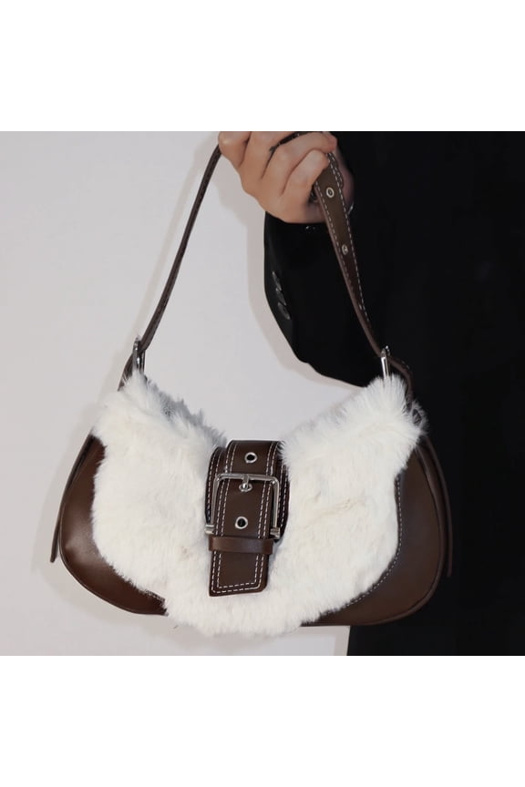 Small Lamb Hair Furry Underarm Handbag, Retro Sweet Cool Spicy Girl Fluffy Shoulder Bag, Fashion Plush Purse for Daily Dating